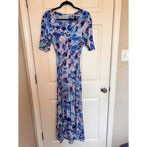 ABEL THE LABEL Anthropology Floral Boho Summer‎ Maxi Dress Blue Size Small